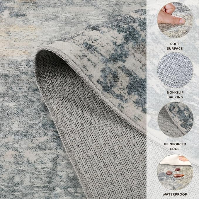 UERMEI 10x14 Area Rug Living Room Rugs - Washable Neutral Modern Abstract Soft Thin Large Rug Indoor Floor No Slip Rug Carpet for Bedroom Under Dining Table Home Office Decor - Blue Grey