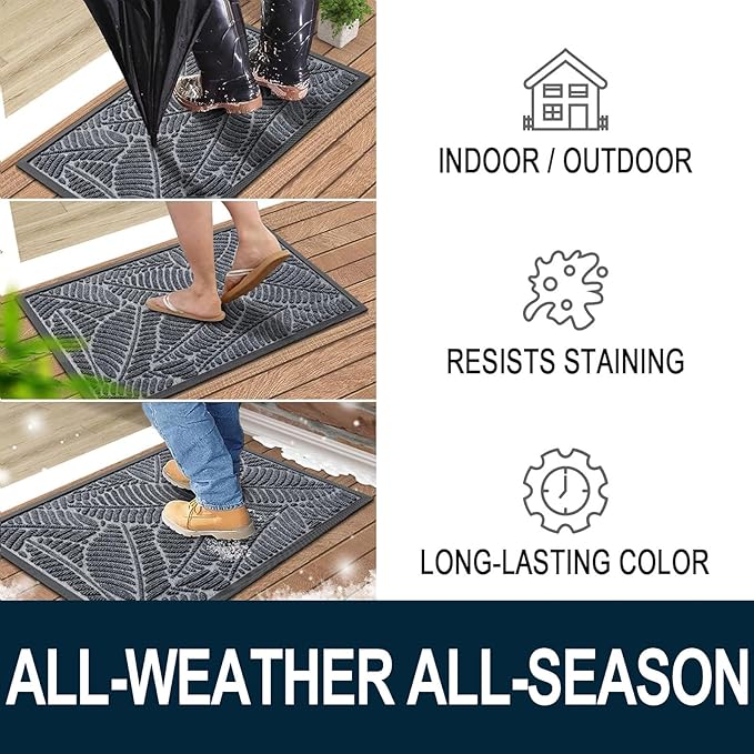 Colorxy Waterproof Doormat, Sturdy Natural Rubber Front Indoor Mat, Non Slip Low Profile Indoor Outdoor Door Mats, Stain and Fade Resistant Floor Mat, Easy Clean Patio Entrance Mat, 47''x24'', Grey