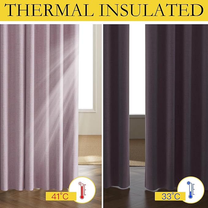 NICETOWN Pink Vintage Linen 100% Blackout Curtains for Living Room, Thermal Insulated Curtains 120“ Long, Noise Reducing Window Treatment Drapes for Home Office, 62" Wide Per Panel, Set of 2