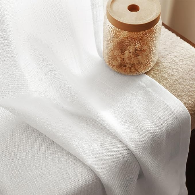 White Linen Curtains 54 inch Long 2 Panel Set for Living Room Back Tab Rod Pocket Semi Sheer Light Filtering Bedroom Window Curtain 54 inch Length Cotton Textured Modern Elegant Coastal Drapes