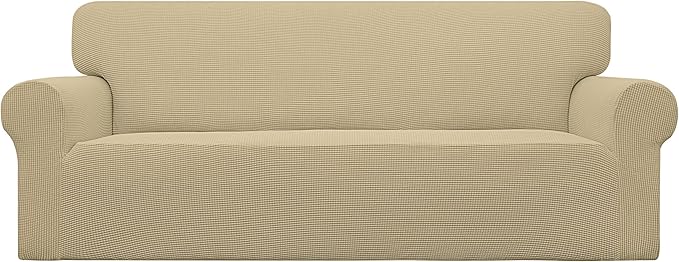 Easy-Going Stretch Oversized Sofa Slipcover 1-Piece Sofa Cover Furniture Protector Couch Soft with Elastic Bottom for Kids, Polyester Spandex Jacquard Fabric Small Checks Beige