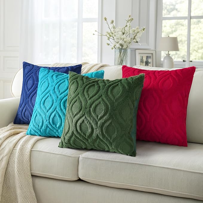 decorUhome Summer Throw Pillow Covers 20x20 Inch Set of 2, Soft Plush Faux Wool Teal Solid Couch Pillow Covers, Accent Farmhouse Neutral Square Pillow Cases for Sofa Bed Living Room