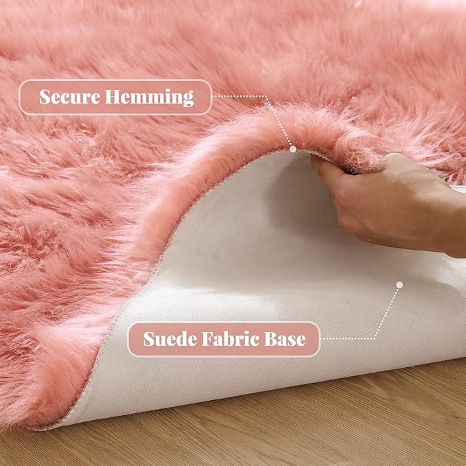 ORINOVA Pink Fluffy Sheepskin Fur Area Rugs for Bedroom Washable Furry Carpet Rug for Living Room Faux Fur Rug 2x3 Nursery