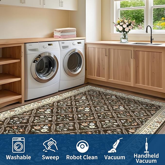 GarveeHome Living Room Rug 5x7 Rug Machine Washable Stain Resistant Area Rug Non Slip Floral Vintage Low Pile Rugs for Living Room, Bedroom, Farmhouse, Dining Room, Kids PlayroomBrown Natural