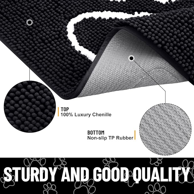Smiry Dog Door Mat for Muddy Paws, Absorbent Dirt Trapper Non Slip Quick Dry Washable Chenille Mat for Mud Dogs, Entry Rug for Indoor and Outdoor (70x24 Inches, Black and White)