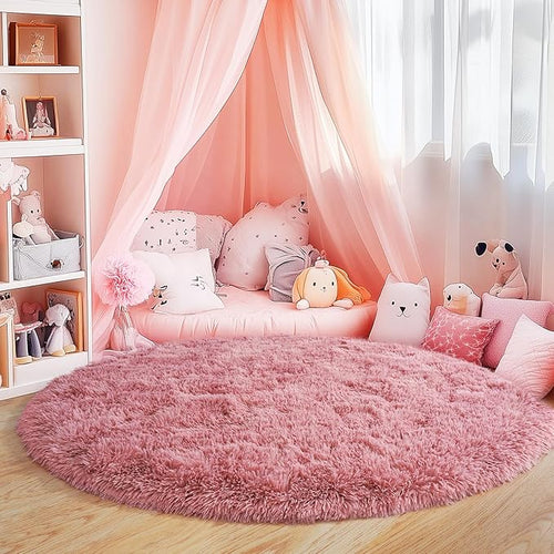 3'x3' Blush Round Rugs for Girls Bedroom, Ultra Soft Fluffy Circle Rug for Kids Room, Cute Small Shag Rugs for Living Room Playroom Tent Castle Home Decor Rug