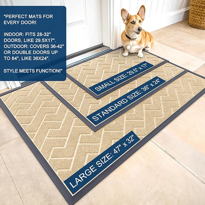 OLANLY Front Door Mat Indoor Outdoor Entrance, Waterproof All-Season, All-Weather Doormat, Sturdy Natural Rubber, Low Profile, Easy Clean Patio Porch Entryway Mat, Herringbone Brick (Beige, 71x23)