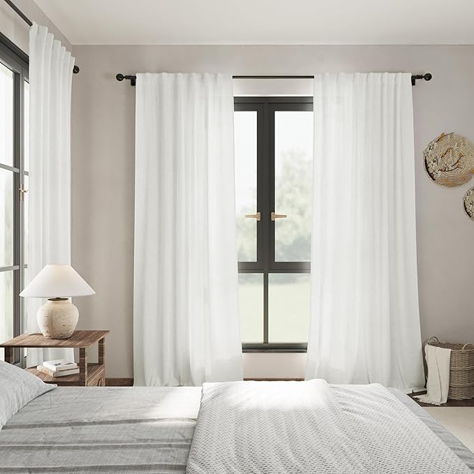 Natural Linen 102 Inch Long Curtains for Living Room 2 Panels Back Tab Pocket Ivory Semi Sheer Extra Long Curtains Linen Soft Material Light Filtering Window Panel Drapes for Dining Room 52X102