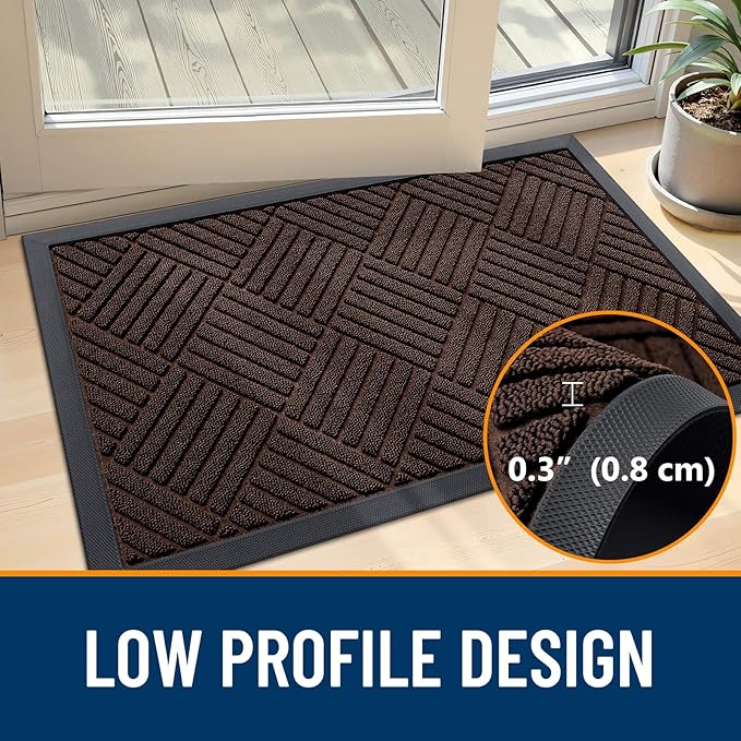 OLANLY Front Door Mat Outside Entrance 33x21, Absorbent, Heavy Duty Sturdy Natural Rubber Doormat Indoor Outdoor, Stain and Fade Resistant, Non-Slip Low Profile Floor Mat for Entryway, Brown Diamond