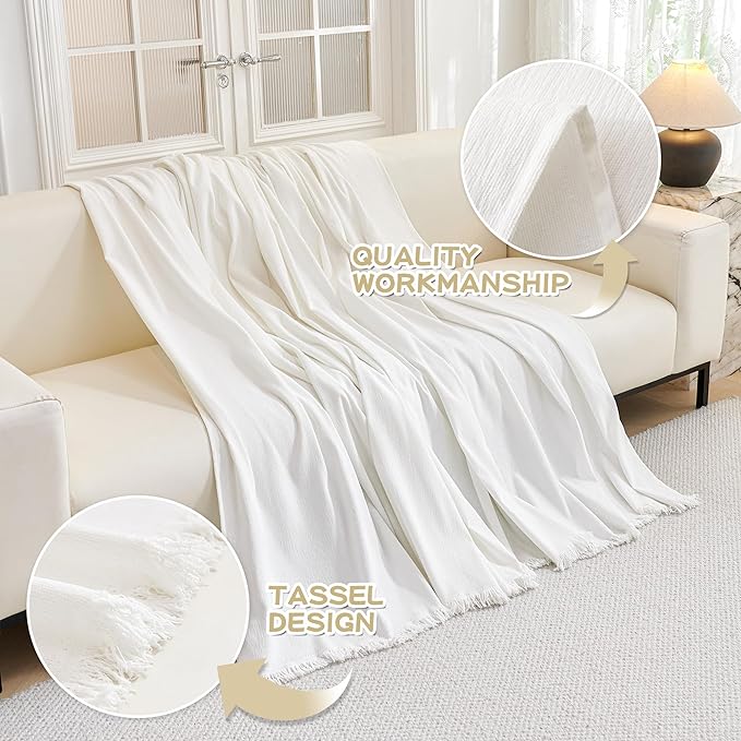 MYSKY HOME Sofa Covers for 2 Cushion Couch L Shaped Couch Cover Washable Couch Cover with Tassels Boho Couch Covers Non Slip Super Universal Soft Sofa Slipcover for Kids, Dogs, Pets, 71"x118", White