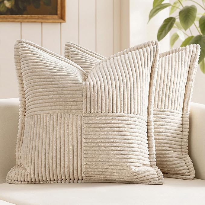 MIULEE Decorative Euro Sham Throw Pillow Covers for Couch Bed Livingroom 26x26 Inch Set of 2 Beige Boho Accent Throw Pllows Broadside Striped Patchwork Soft Corduroy Pillowcases