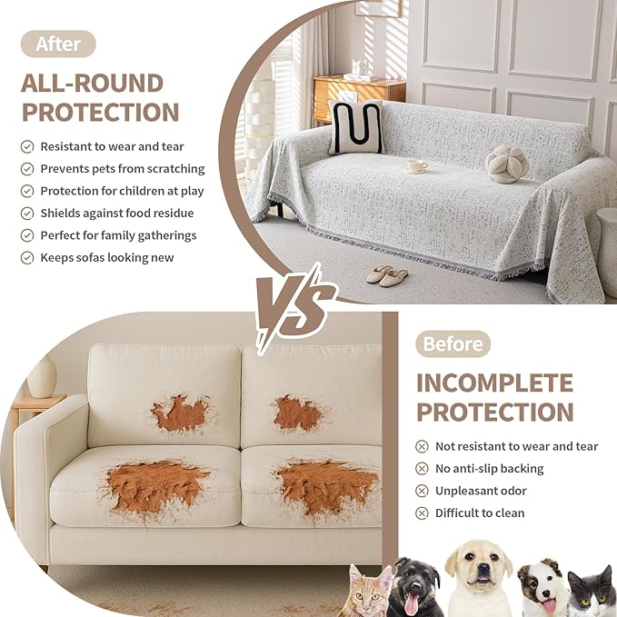 Boho Chenille Couch Cover for Dogs, Non Slip Sofa Cover, Couch Slipcover Covers for 3 Cushion, Furniture Protector with Tassels for Pets Washable, 71"x118", Speckled Grey