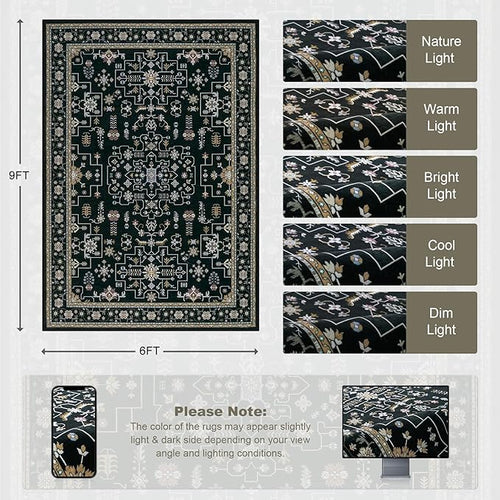 6x9 Area Rugs Living Room Rug: Washable Vintage Boho Medallion Rug No Slip Stain Resistant Soft Carpet Indoor Floor Large Carpets for Bedroom Dining Room Farmhouse Nursery Hallway Home Office Black