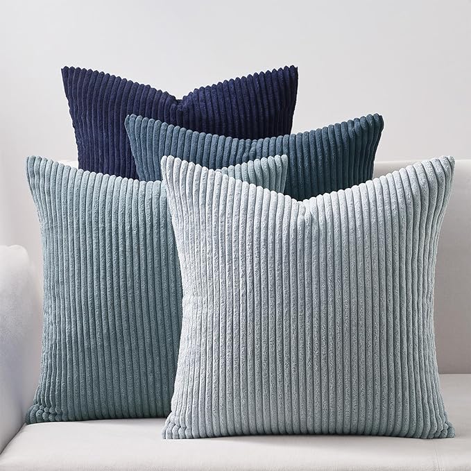 Topfinel Decorative Throw Pillow Covers Dusty Blue Navy Series 18x18 Inch Set of 4,Summer Corduroy Striped Toss Pillows for Couch,Patio,Balcony,Children Bedroom,Modern Fluffy Blue Gradient Shams