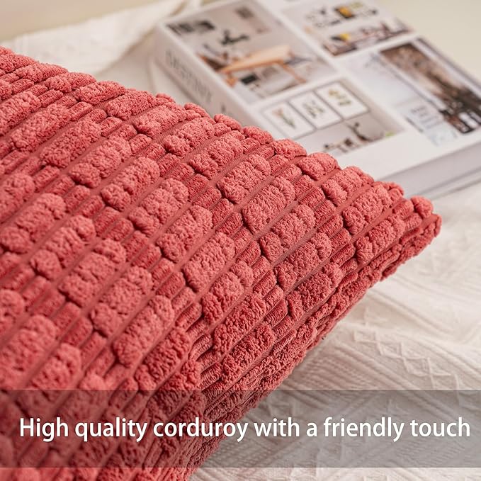 Pack of 2 Corduroy Decorative Throw Pillow Covers 18x18 InchSoft Boho Striped Pillow Covers Modern Farmhouse Home Decor for Sofa Living Room Couch Bed（Cranberry Red）
