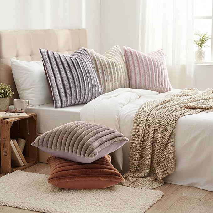 decorUhome Summer Cozy Faux Fur Throw Pillow Covers 26x26 Set of 2 Decorative Plush Striped Modern Farmhouse Boho Couch Euro Sham Pillow Cases with Velvet Back for Sofa Bed Living Room, Pink White