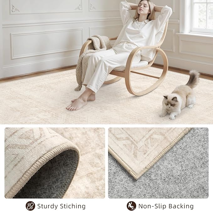 5x7 Area Rugs for Living Room: Vintage Boho Neutral Washable Rug Indoor Soft Large Area Rug Carpet for Bedroom Nursery Farmhouse Dining Room Office Floor Non-Slip Low Pile Under Table Rug Beige