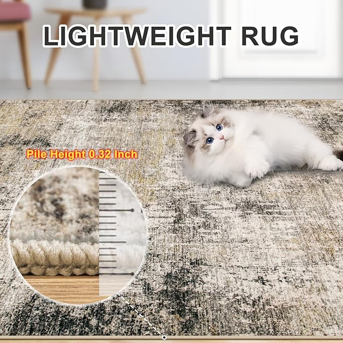Area Rugs 9x12 Living Room - Washable Rug Modern Abstract Soft Large Neutral Non-Slip Carpet Indoor Floor Thin Carpets for Bedroom Dining Room Farmhouse Nursery Home Office Brown Black Grey