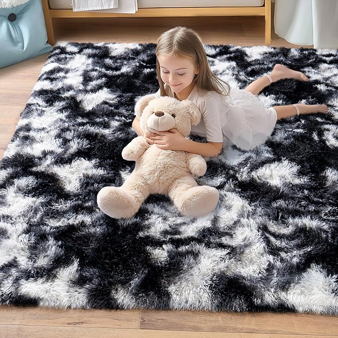 Pionblank Large Area Rug for Living Room 10x14, Fuzzy Modern Shag Rug, Fluffy Plush Non Slip Soft Furry Carpet for Bedroom Kids Room Nursery Teens Dorm Home Decor, Black White