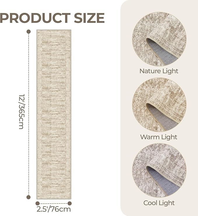 Washable Runner Rug 2.5x12, Non-Slip Long Bathroom Rugs Runner for Kitchen, Living Room, Bedroom, Soft Vintage Washable Rug for Entryway, Thin Floor Mat for Dining Room(2.5'x12', Brown/Ivory)