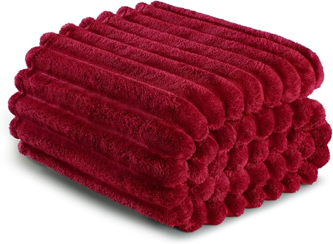 Exclusivo Mezcla Twin Size Flannel Fleece Blanket, Super Soft Striped Jacquard Bed Blanket, Lightweight Fuzzy Cozy for All Seasons, 60x80 Inches, Deep Red