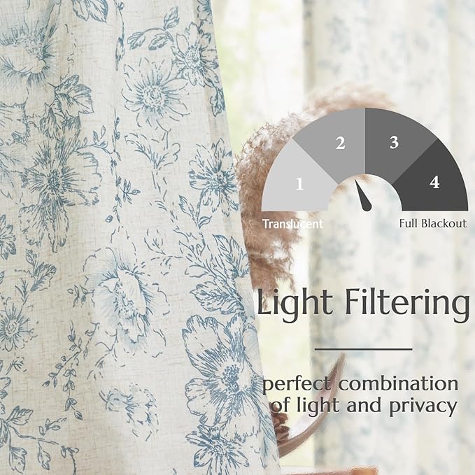 jinchan Linen Blend Curtain Floral Curtains for Living Room 90 Inch Length Blue Printed Curtain Rod Pocket Back Tab Farmhouse Peony Flower Patterned Drapes Bedroom Window Curtains Set 2 Panels