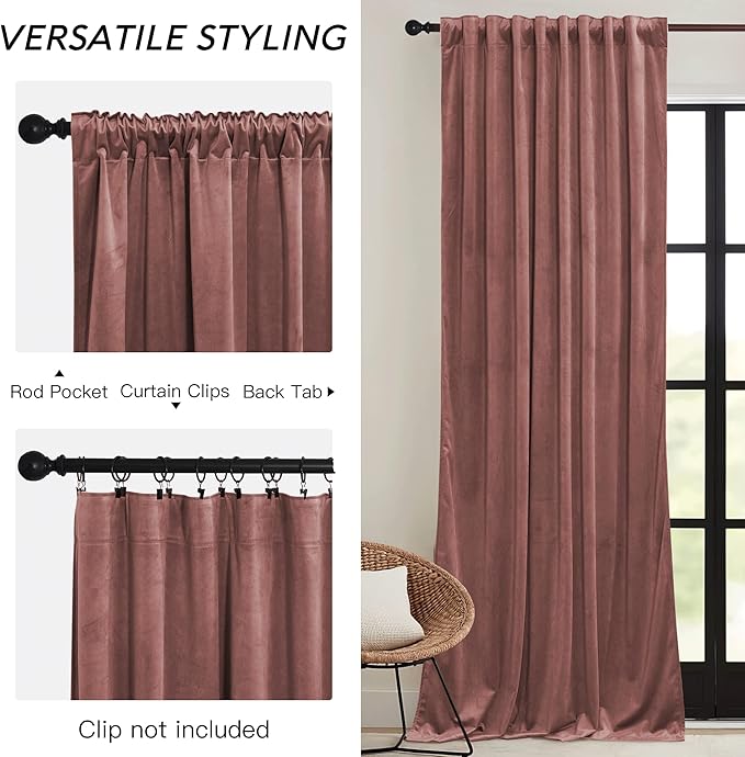 RYB HOME Dusty Pink Velvet Curtains 108 inch, Darkening Window Curtains for Living Room Energy Efficient Backdrop Festival Decor for Girls Bedroom Dining Room, Wild Rose, W52 x L108 inch, 2 Panel