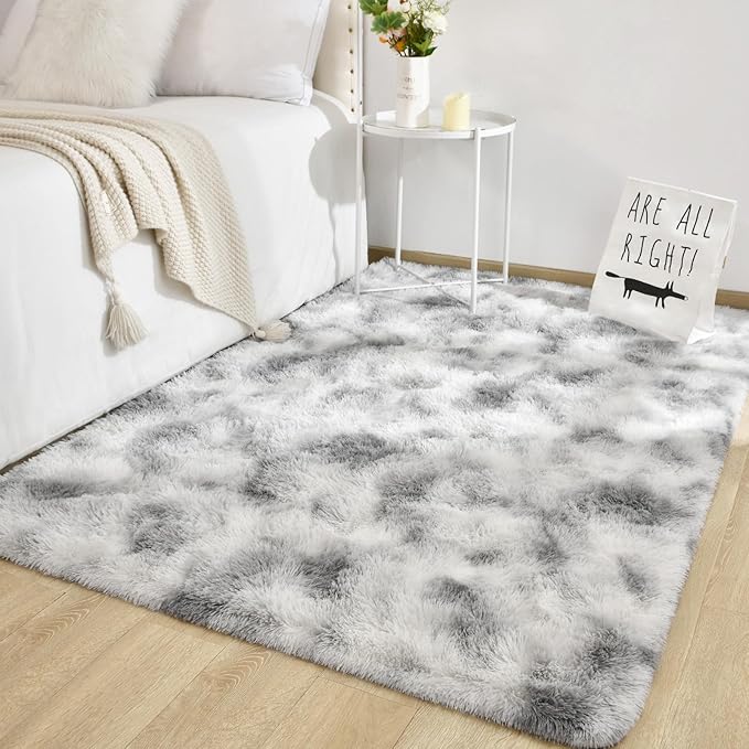 TWINNIS Super Soft Shaggy Rugs Fluffy Carpets 8x10 Feet, Indoor Modern Plush Area Rugs for Living Room Bedroom Kids Room Nursery Home Decor, Upgrade Anti-Skid Fuzzy Rug, Grey and White
