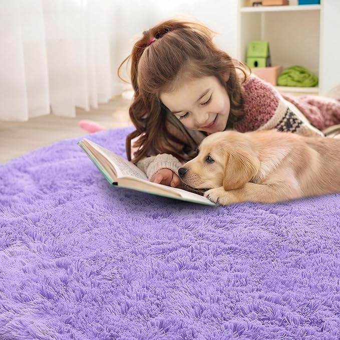 OLANLY Light Purple Round Rugs for Bedroom - Machine Washable, 4 ft Circle Area Rugs for Living Room, Soft and Fluffy Shaggy Carpet for Teen Girls and Boys, Nursery Rooms, Dorms, Home Decor Aesthetic