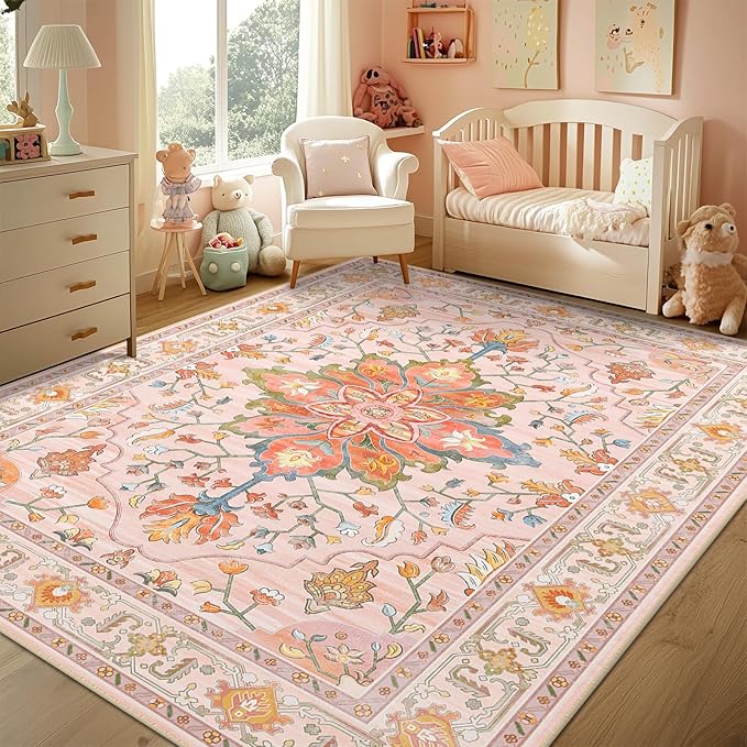 Area Rugs 3'x5' Washable Non-Slip, Floral Vintage Distress Print Pattern Medallion Carpet for Living Room Bedroom Dining Room, Light Pink Colorful