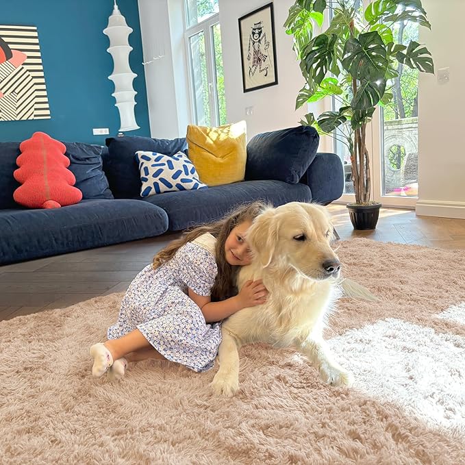 OLANLY 7x7 Machine Washable Large Area Rugs for Living Room, Bedroom, Soft Fluffy Shaggy Bedside Rug, Indoor Floor Carpet for Kids Girls and Boys, Dorms, Nursery, Home Decor Aesthetic, Beige