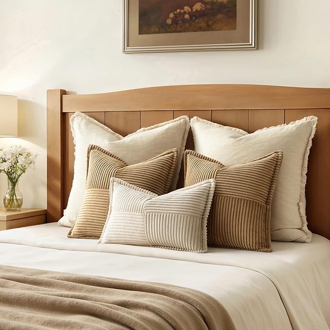 MIULEE Decorative Throw Pillow Covers for Couch Bed Livingroom 18x18 Inch Set of 2 Brown Boho Accent Throw Pllows Broadside Striped Patchwork Soft Corduroy Pillowcases