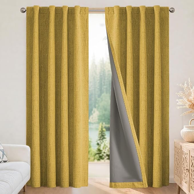 Joydeco Blackout Curtains for Bedroom - 100% Light Blocking 2 Panels Set Yellow Drapes 42" W x 72" L, Thermal Insulated Room Darkening Curtains, Linen Textured for Living Room, Rod Pocket & Back Tabs