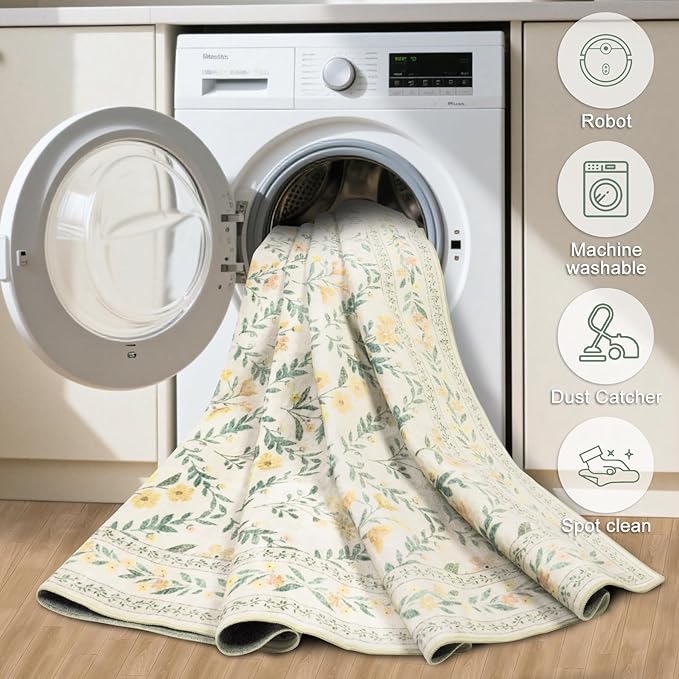 Runner Rug for Entryway: 2.6x8 Kitchen Rugs Non Slip Washable Ultra-Thin Soft Floral Carpet Indoor Floor Stain Resistant Carpets for Hallway Bedroom Kitchen Laundry Bathroom Dorm Beige/Multi
