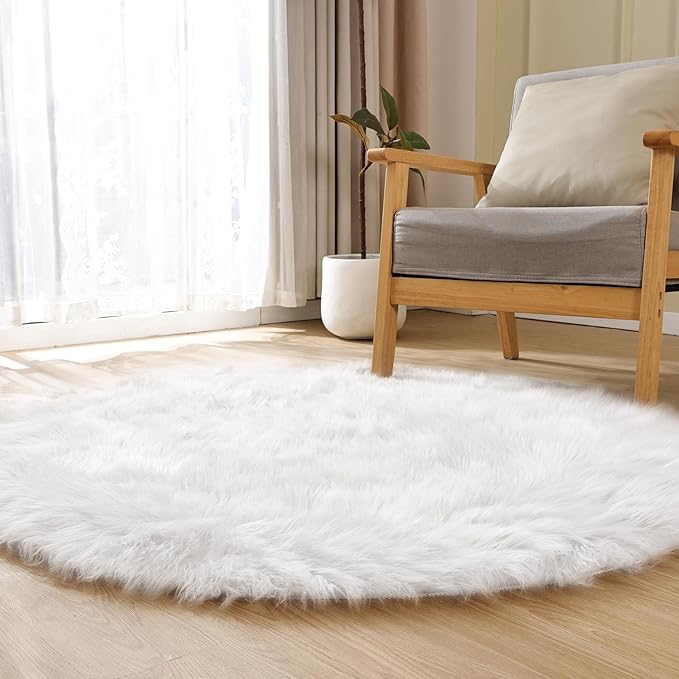 ORINOVA White Fluffy Faux Fur Rugs for Bedroom Sheepskin Machine Washable Shag Area Rugs for Living Room Small Circle Boho Round Rug 3ft