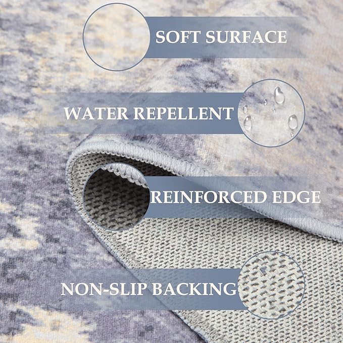 Washable Area Rugs 9'x12' Non-Slip Modern Abstract Soft for Living Room Entryway Bedroom Nursery, Print Pattern, Purple Grey Cream Yellow