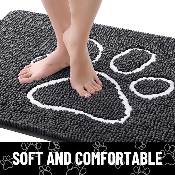 Smiry Dog Door Mat for Muddy Paws, Absorbent Dirt Trapper Non Slip Quick Dry Washable Chenille Mat for Mud Dogs, Entry Rug for Indoor and Outdoor (54x32 Inches, Dark Grey and White)