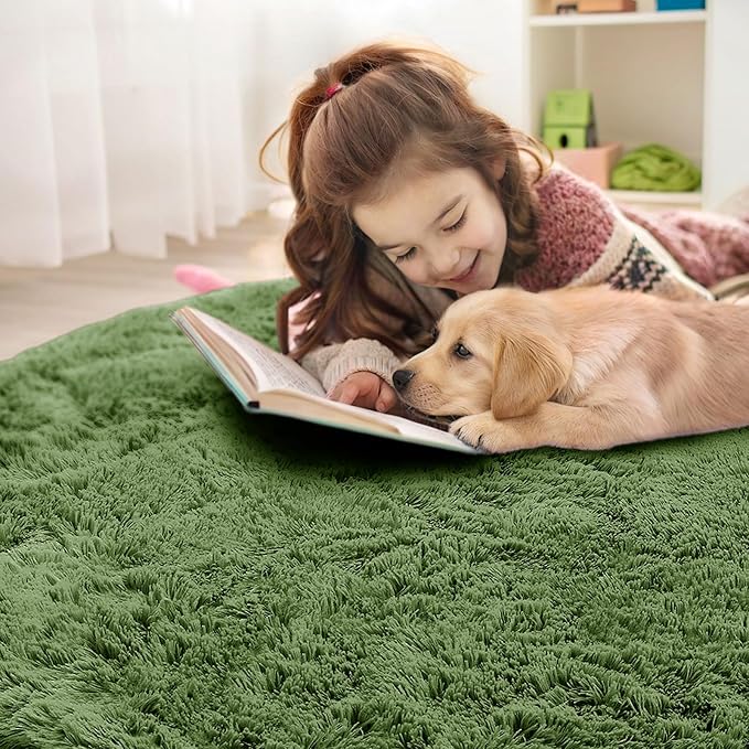 OLANLY Green Round Rugs for Bedroom - Machine Washable, 9 ft Circle Area Rugs for Living Room, Soft and Fluffy Shaggy Carpet for Teen Girl and Boys, Nursery Rooms, Dorms, Home Decor Aesthetic