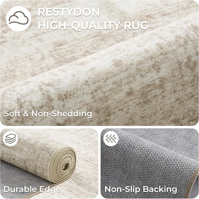 Washable Runner Rug 2.5x12, Non-Slip Long Bathroom Rugs Runner for Kitchen, Living Room, Bedroom, Soft Vintage Washable Rug for Entryway, Thin Floor Mat for Dining Room(2.5'x12', Beige/Ivory)