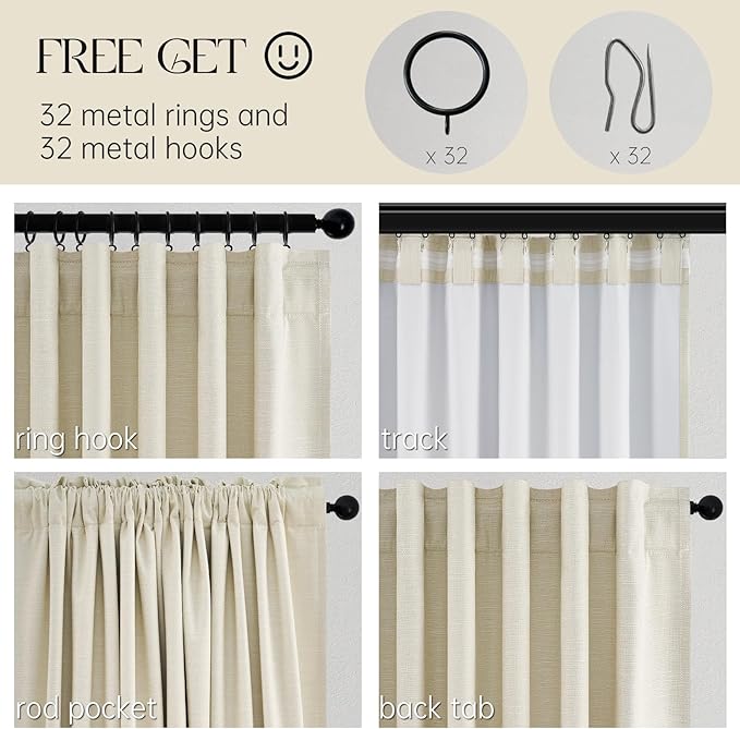Topfinel 102 Inches Long Cream Colored Custom Total Blackout Linen Curtains, Rod Pocket Curtains with Pin Hooks for Traverse, Aesthetic Burlap Viral Drapes 2 Panels for Living Room Master Bedroom
