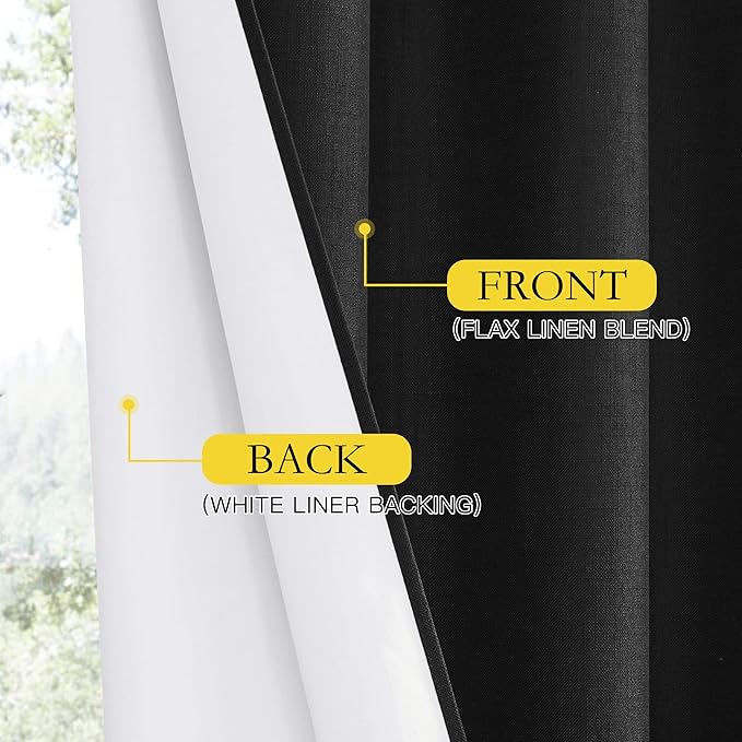 NICETOWN Vintage Open Linen Weave Flax Thermal Curtains, 100% Blackout Curtains 102 inches Long for Dining Room, Soundproof Window Treatment Drapes for Hall Room, Black, 52" Wide Per Panel, Set of 2