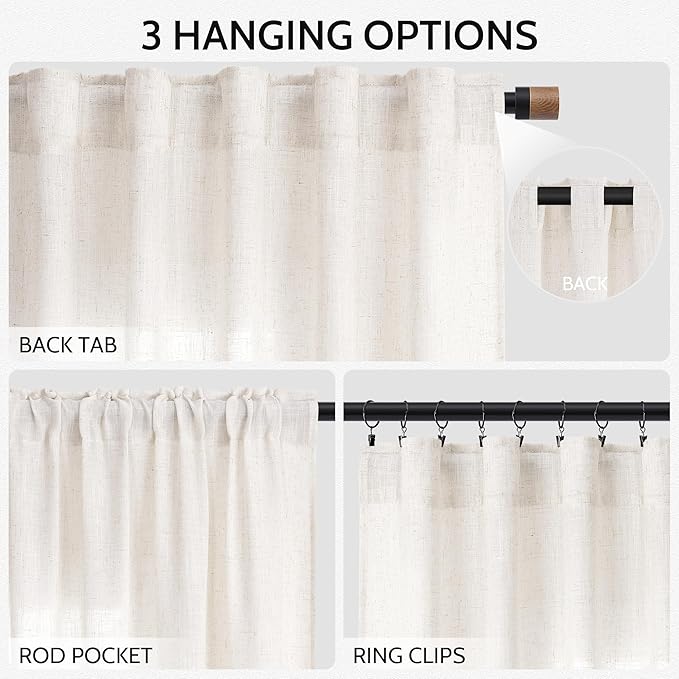 Nanspring Ivory White Linen Curtains 63 Inches Long for Living Room Back Tab Pocket Natural Light Filtering Privacy Translucent Ivory White Cotton Texture 52X63, 2 Panels