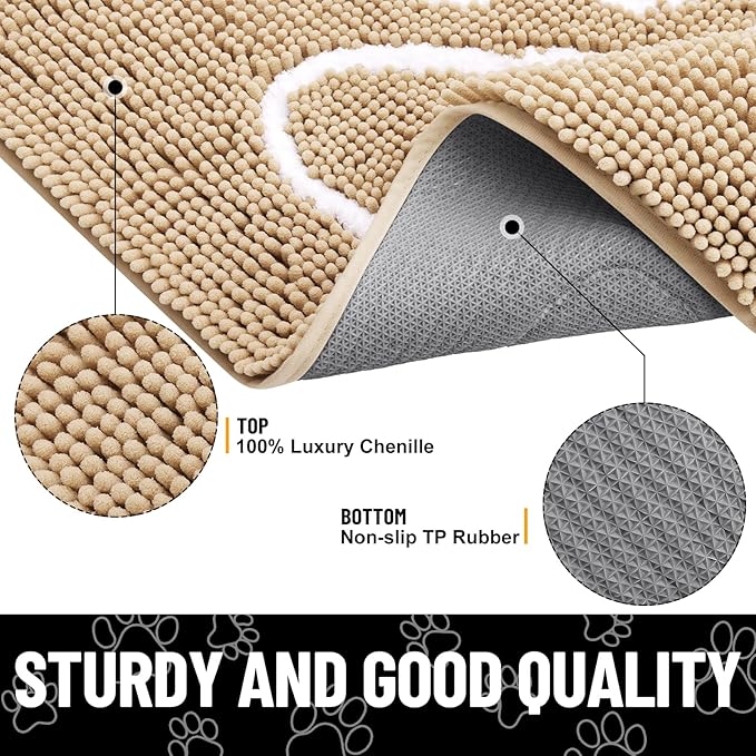 Smiry Dog Door Mat for Muddy Paws, Absorbent Dirt Trapper Non Slip Quick Dry Washable Chenille Mat for Mud Dogs, Entry Rug for Indoor and Outdoor (47x20 Inches, Beige and White)