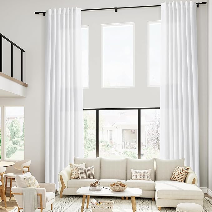 Nanspring White Linen Curtains for Living Room Extra Long Back Tab Curtains 2 Panels Set 204 Inches Long Farmhouse Light Filtering Semi Sheer Linen Drapes Ceiling to Floor for Large Window 52x204