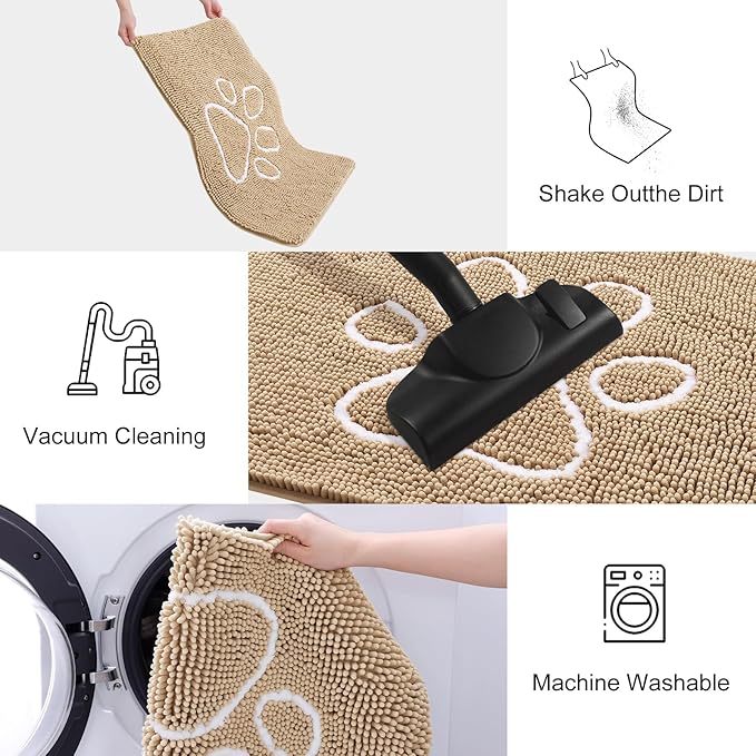 Smiry Dog Door Mat for Muddy Paws, Absorbent Dirt Trapper Non Slip Quick Dry Washable Chenille Mat for Mud Dogs, Entry Rug for Indoor and Outdoor (47x17 Inches, Beige and White)