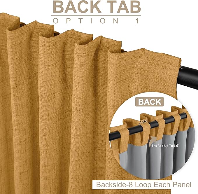 100% Blackout Shield Linen Blackout Curtains for Bedroom 90 Inches Long,Back Tab/Rod Pocket Living Room Drapes,Thermal Insulated Textured Blackout Curtains 2 Panels Set,50" W x 90" L,Mustard Yellow