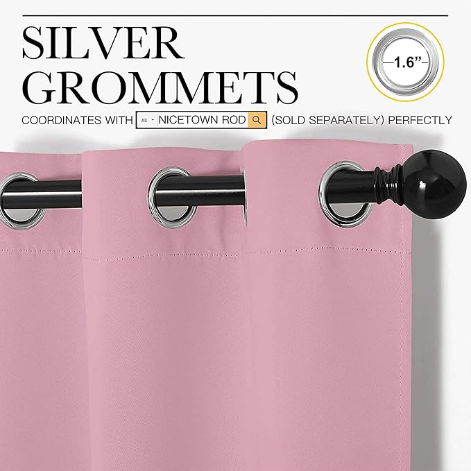NICETOWN Bedroom Curtains Blackout Drapery Panels, 2 Panels, 70 x 108 inches, Rouge Pink, Three Pass Microfiber Thermal Insulated Solid Ring Top Blackout Window Curtains/Drapes