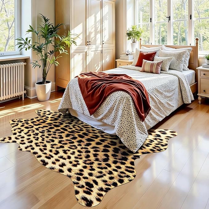 AROGAN Western Decor Faux Fur Leopard Rug, 8 x 10 Feet Premium Animal Skin Leopard Hide Rug, Sturdy Cheetah Print Rugs for Wall Decor, Western Floor Carpet for Bedroom Living Room, Black and Gold