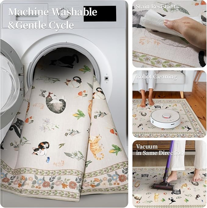 2x6 Washable Kitchen Runner Rug - Soft Low Pile Floral Animal Cat Print Rugs with Non-Slip Backing Waterproof Stain-Resistant Indoor Carpet for Hallway Entryway Bathroom Bedroom (Light Beige)