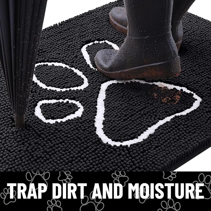 Smiry Dog Door Mat for Muddy Paws, Absorbent Dirt Trapper Non Slip Quick Dry Washable Chenille Mat for Mud Dogs, Entry Rug for Indoor and Outdoor (59x20 Inches, Black and White)